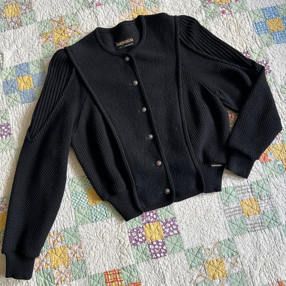 Vintage 70s/80s Black Geiger Austrian Structured Textured Wool Cardigan Sweater